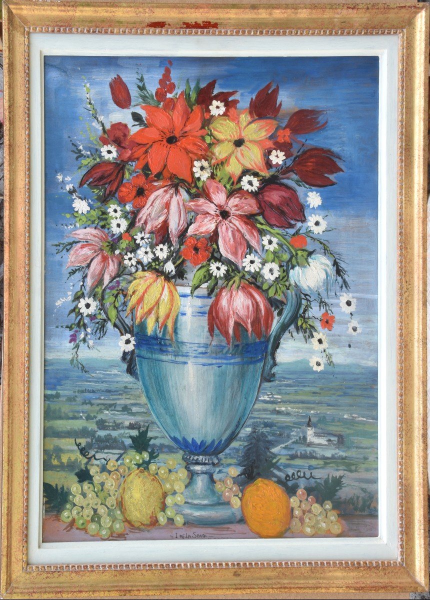 Ismael de LA SERNA "bouquet devant un paysage" huile sur panneau 52x42